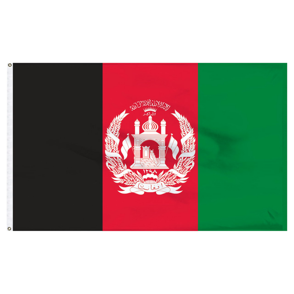 A 4ft x 6ft nylon flag featuring horizontal stripes of black, red, and green with the national emblem of Afghanistan, completed with two brass grommets.
