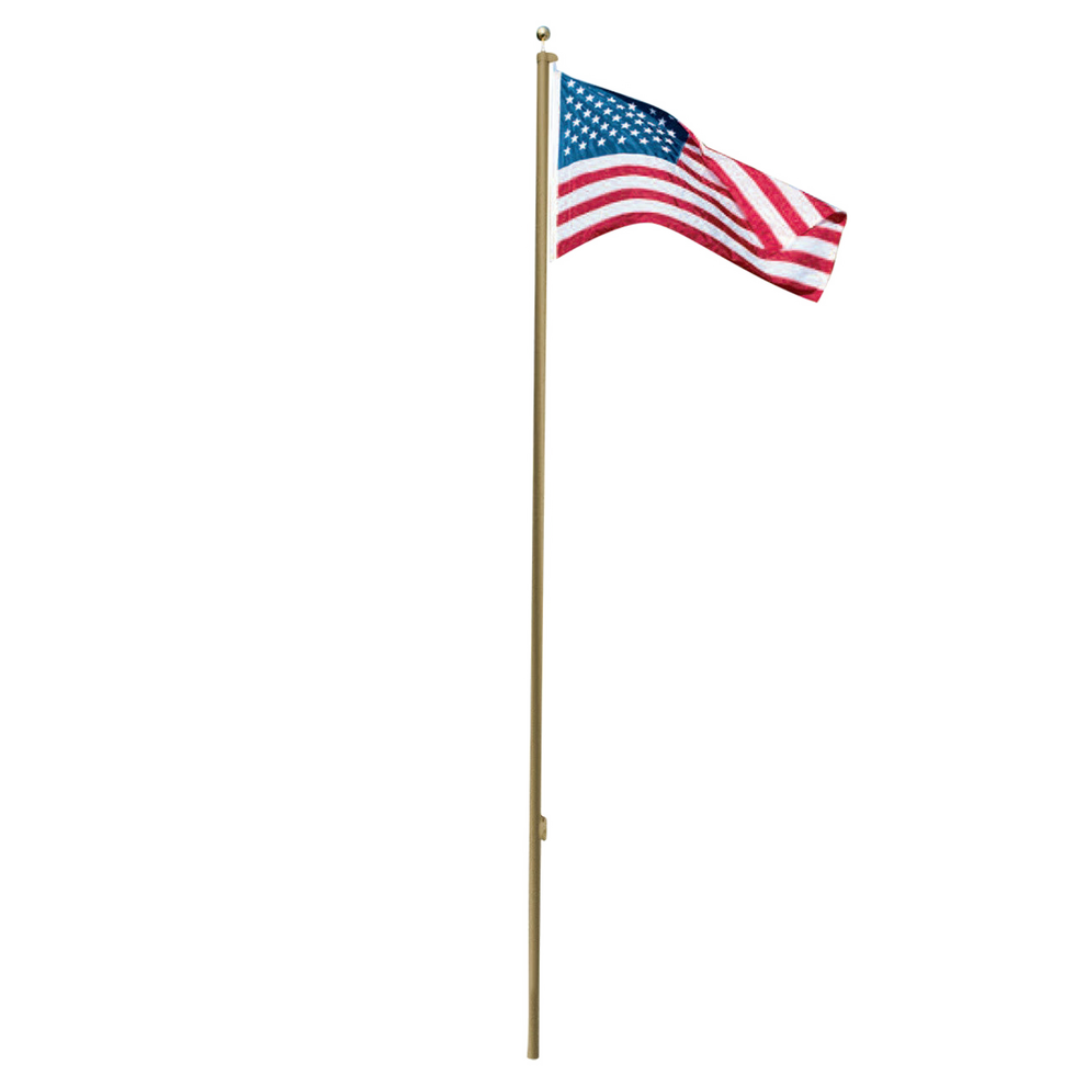 A 25 foot outdoor flagpole made of aluminum, with a gold anodized ball on top and an American flag attached and flying. The flagpole is installed in a grassy area with trees in the background.
