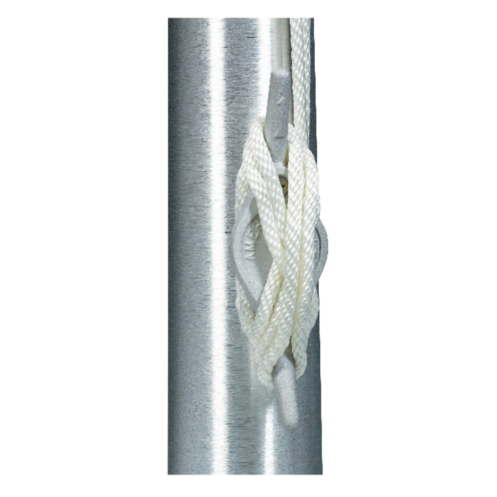 White rope halyard tied around a metal flagpole cleat.