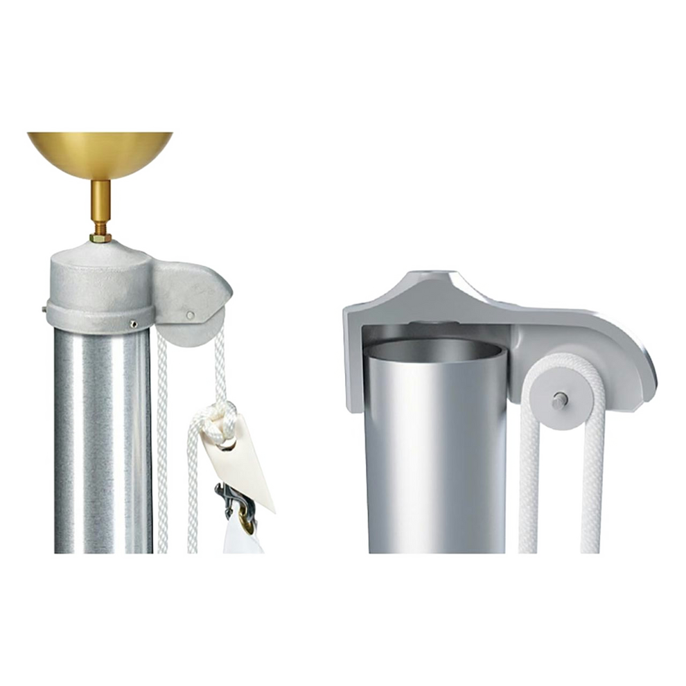 Close-up comparison of two silver flagpole top assemblies: one with a gold ball ornament and rope, the other with a pulley and rope.