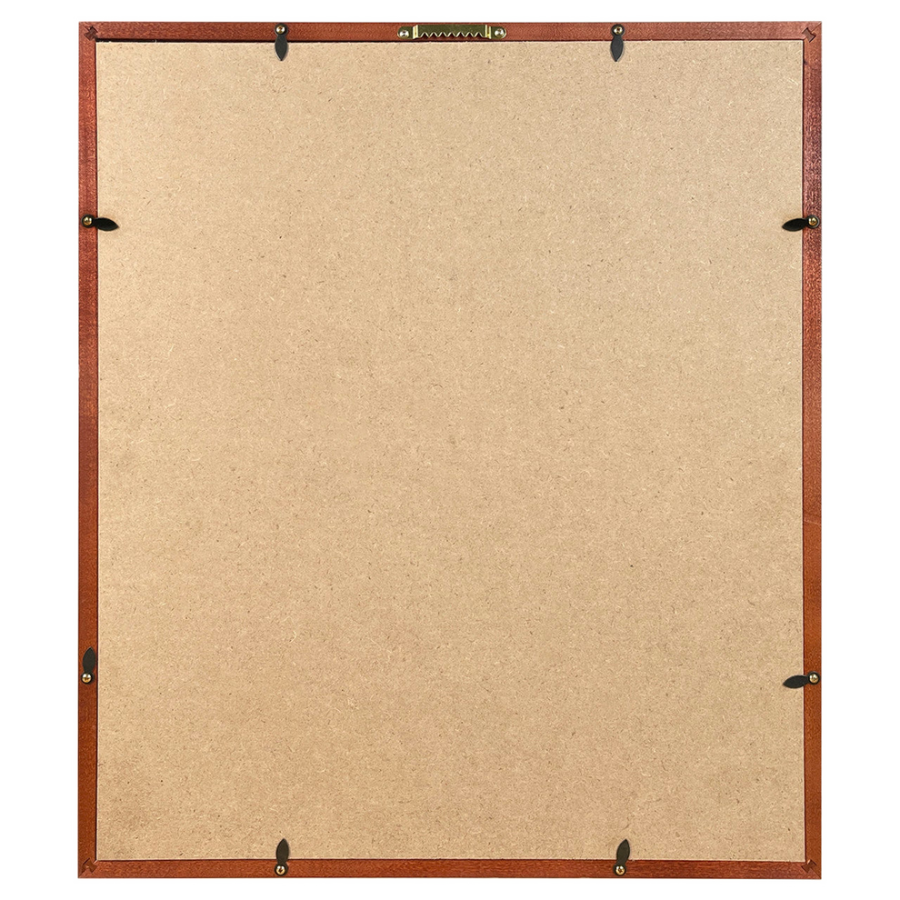 Back of a wooden picture frame with a sawtooth hanger and rotating tabs.