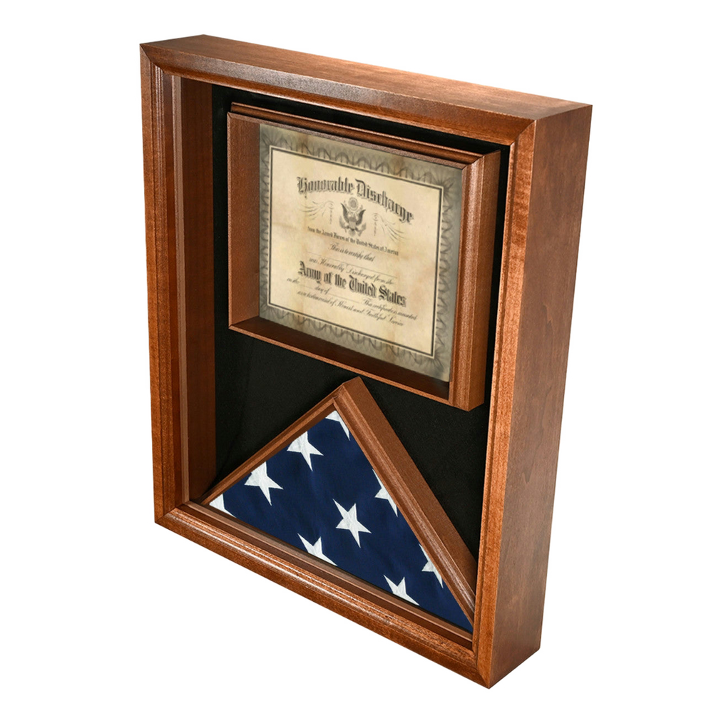 Wooden shadow box displaying an Honorable Discharge certificate and a folded American flag.