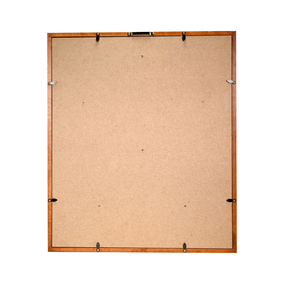 Back corner of a wooden shadow box frame with cork backing and turn buttons