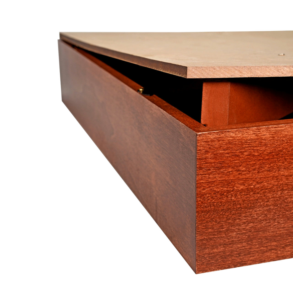 Close-up of an open wooden box corner with a lid and red-brown finish