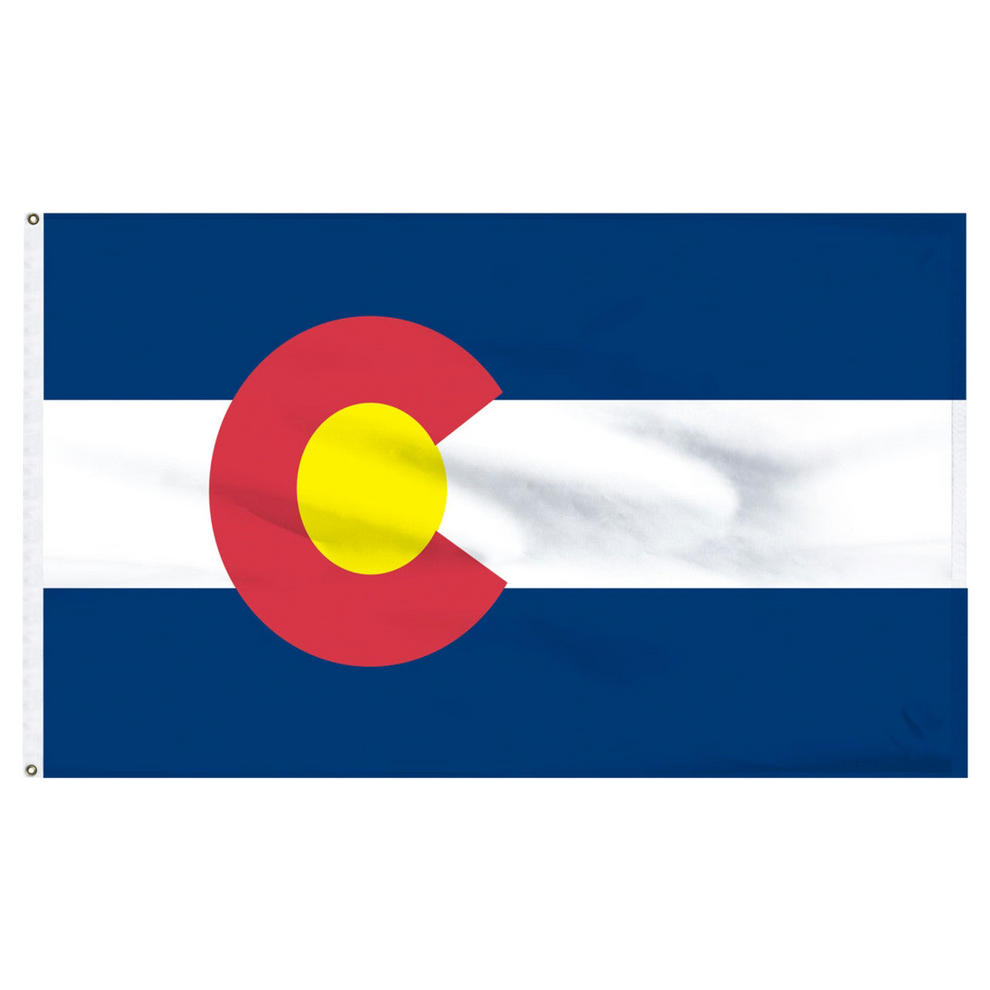 Colorado state flag with two blue horizontal stripes, one white stripe, and a red "C" filled with a yellow circle