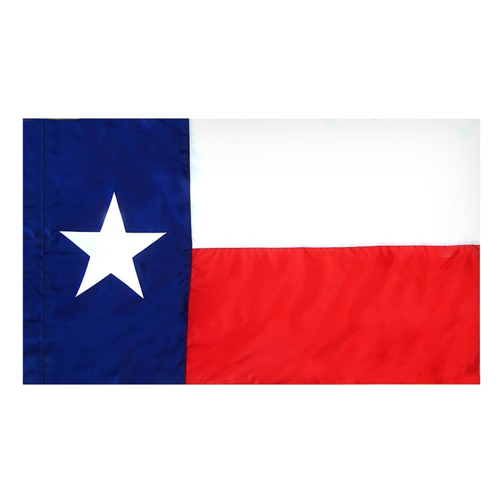 State of Texas Lone Star flag featuring the vertical blue panel with a white star alongside horizontal white and red stripes
