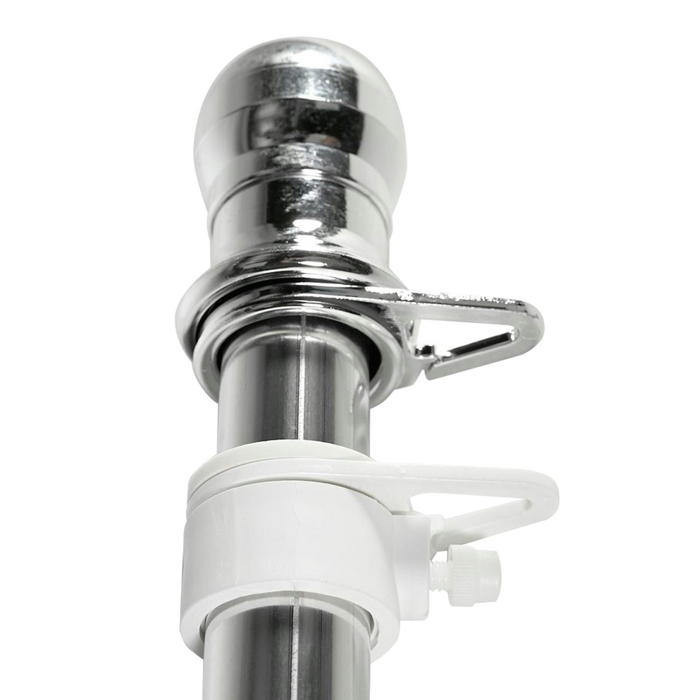 Close up of a metal round flagpole finial on a white background