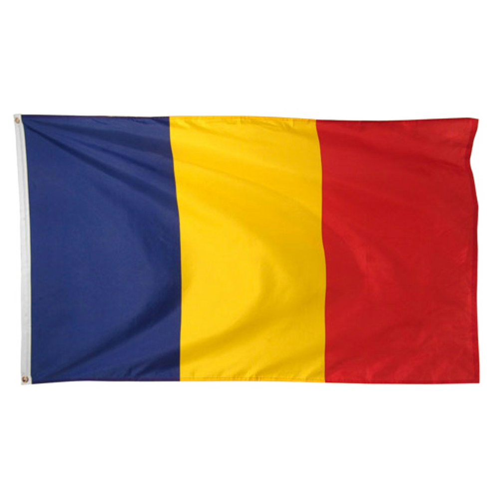 Flag of Romania with blue, yellow, and red horizontal stripes on a white background
