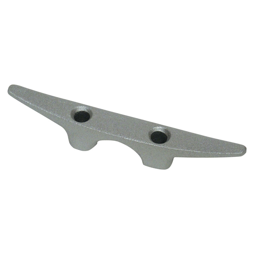 A gray cast aluminum cleat with two holes for mounting screws, designed for securing poles.
