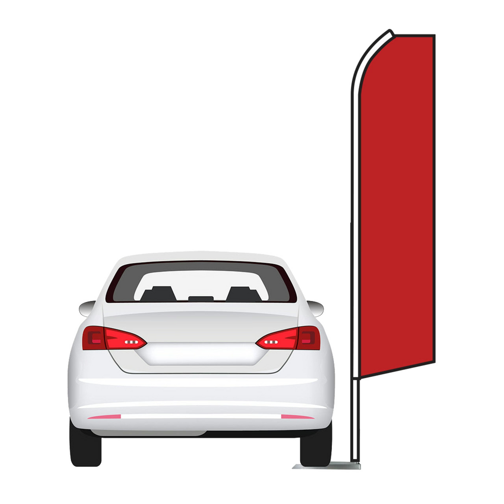Illustration of a car on top of a tire base of swooper flag with flag set up