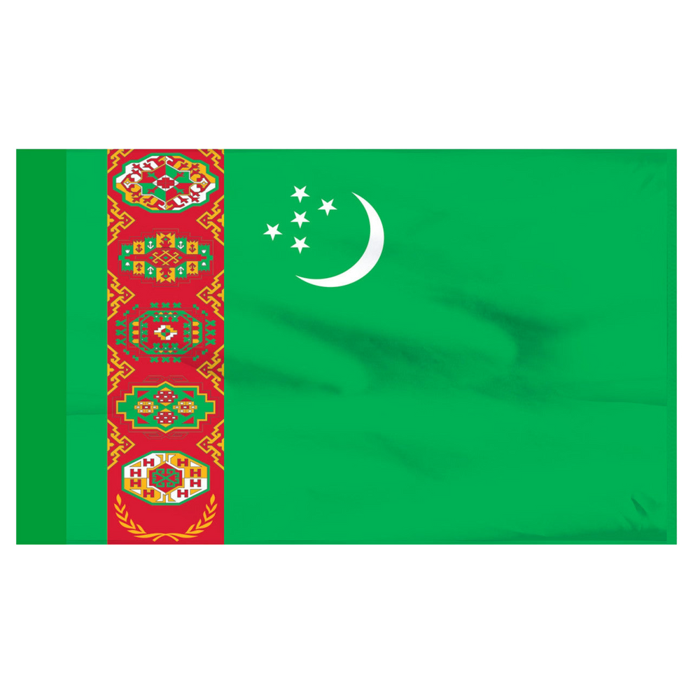 Fag of Turkmenistan with a green field, a white crescent and stars, and a red vertical stripe with ornamental designs.