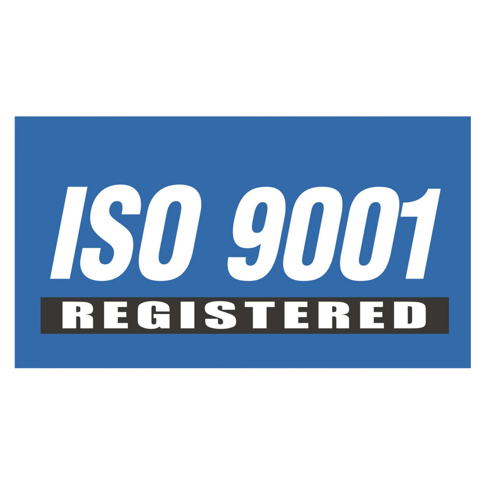 A rectangular flag with the text 'ISO 9001 REGISTERED' in bold blue and black on a white background, with a solid white rectangle behind the text.