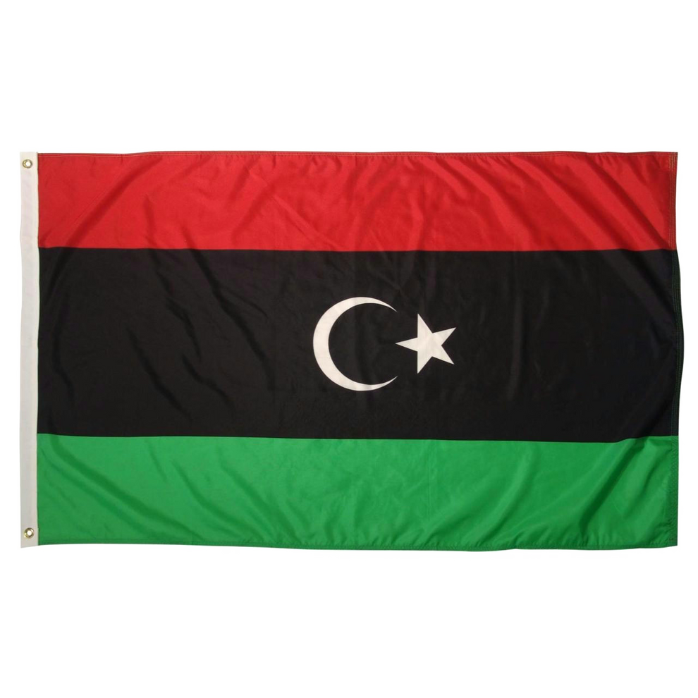 Red, black, and green flag of Libya with a white crescent moon and a star