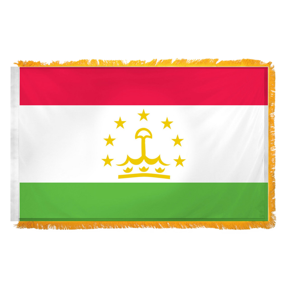 Flag of Tajikistan on a white background.  Flag features yellow fringe.