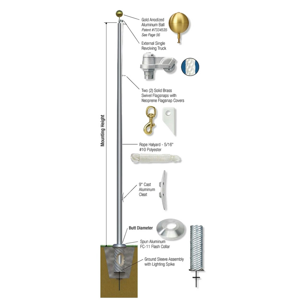 Detailed diagram of a flagpole assembly both in ground and above ground with labeled parts on a white background