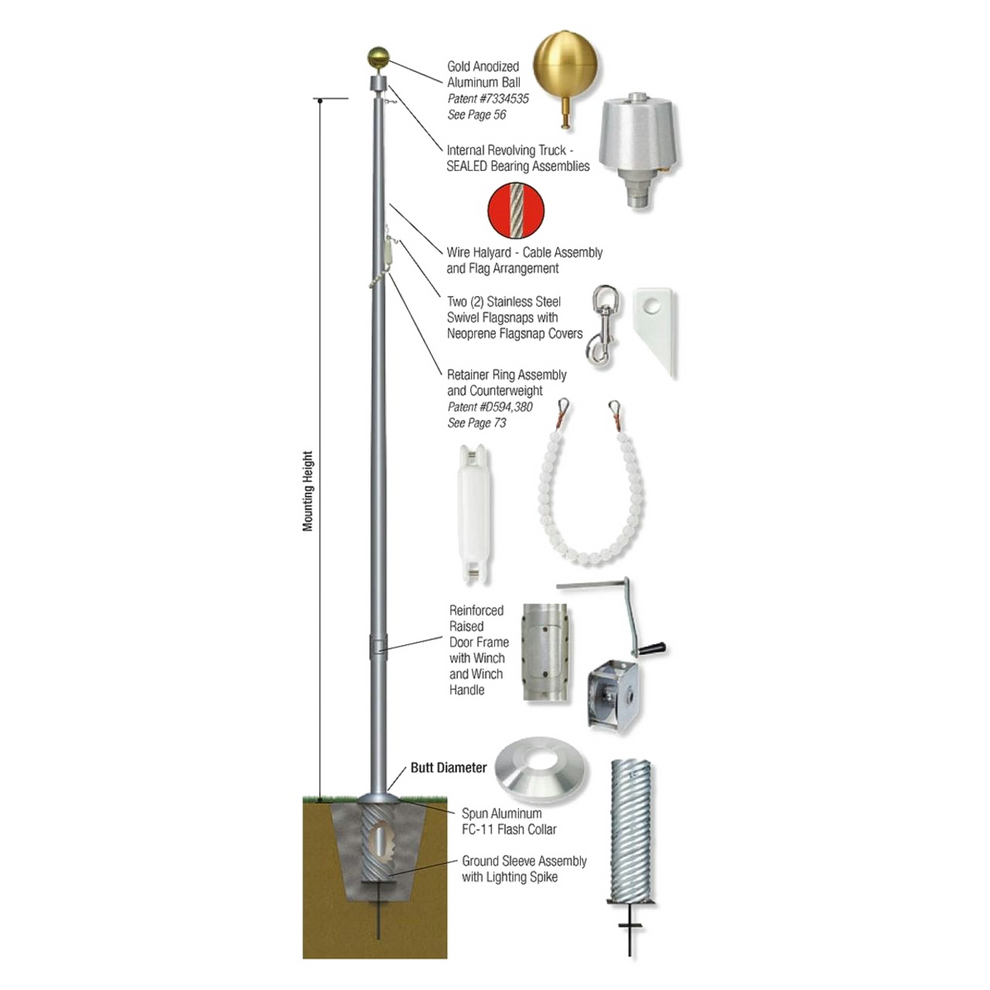 Detailed diagram of a flagpole assembly both in ground and above ground with labeled parts on a white background