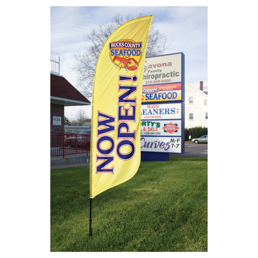 Teardrop-shaped outdoor advertising flag with a graphic design, mounted on a pole with four sections, without a flag included.
