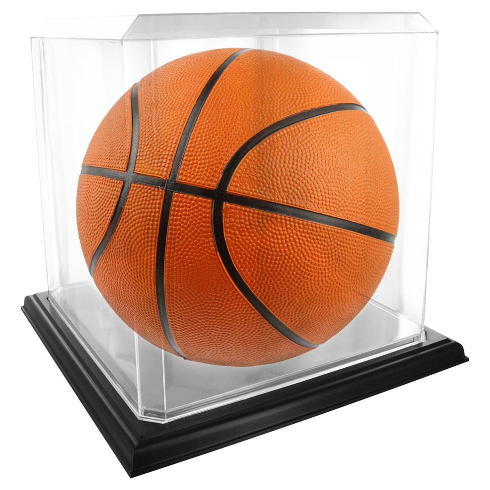  A clear case with a basketball inside