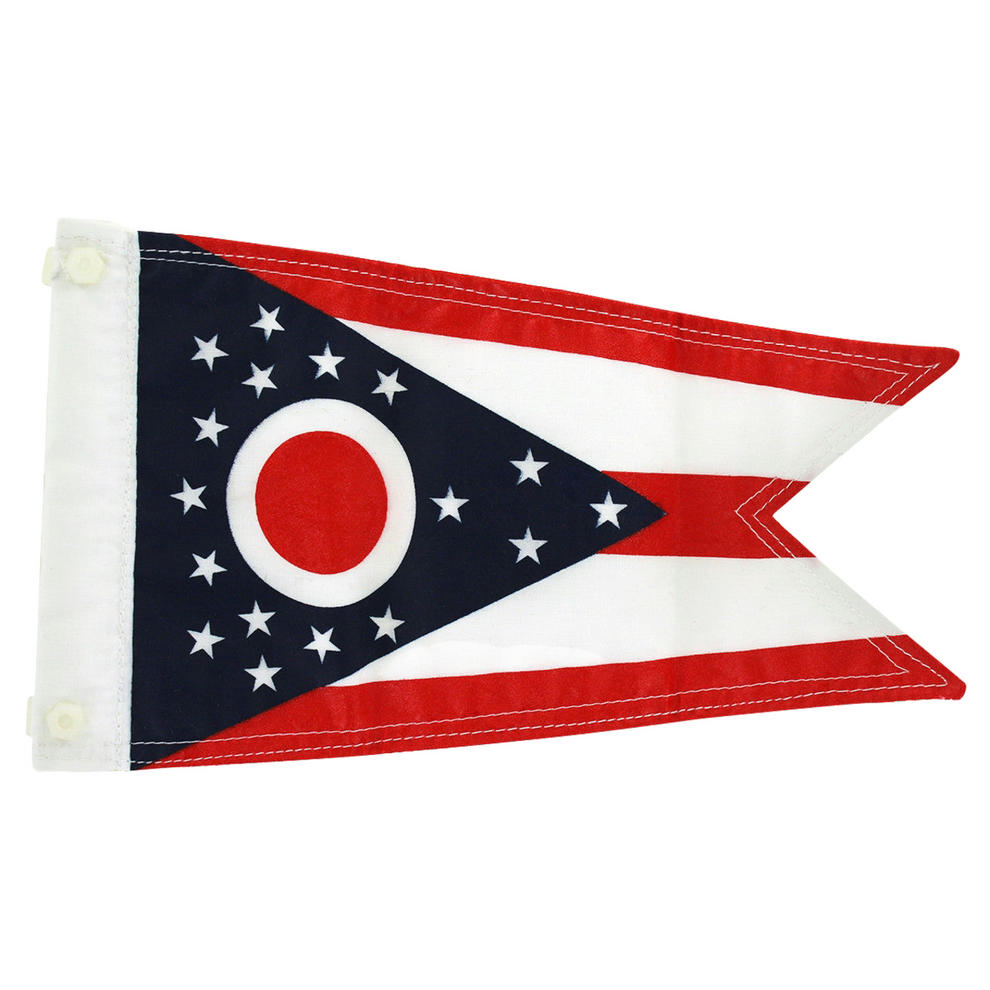 Red, white and blue Antenna Flag with a triangle cut out at the end and the inside features a blue triangle with stars and a red circle in a white circle