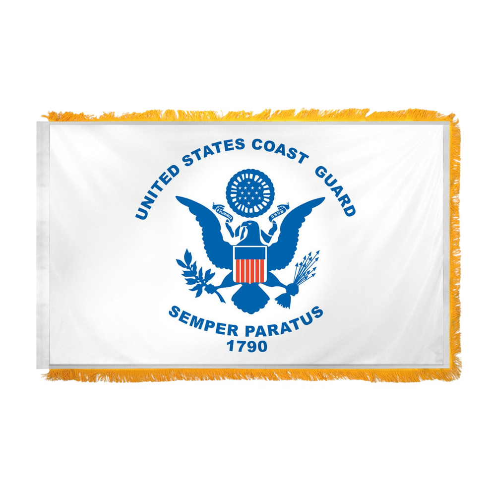 White flag with yellow fringe featuring the United States Coast Guard emblem and text on a white background
