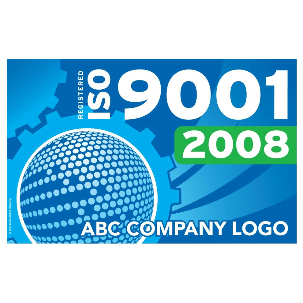 ISO 9001 2008 certification logo with a globe design on a blue background.