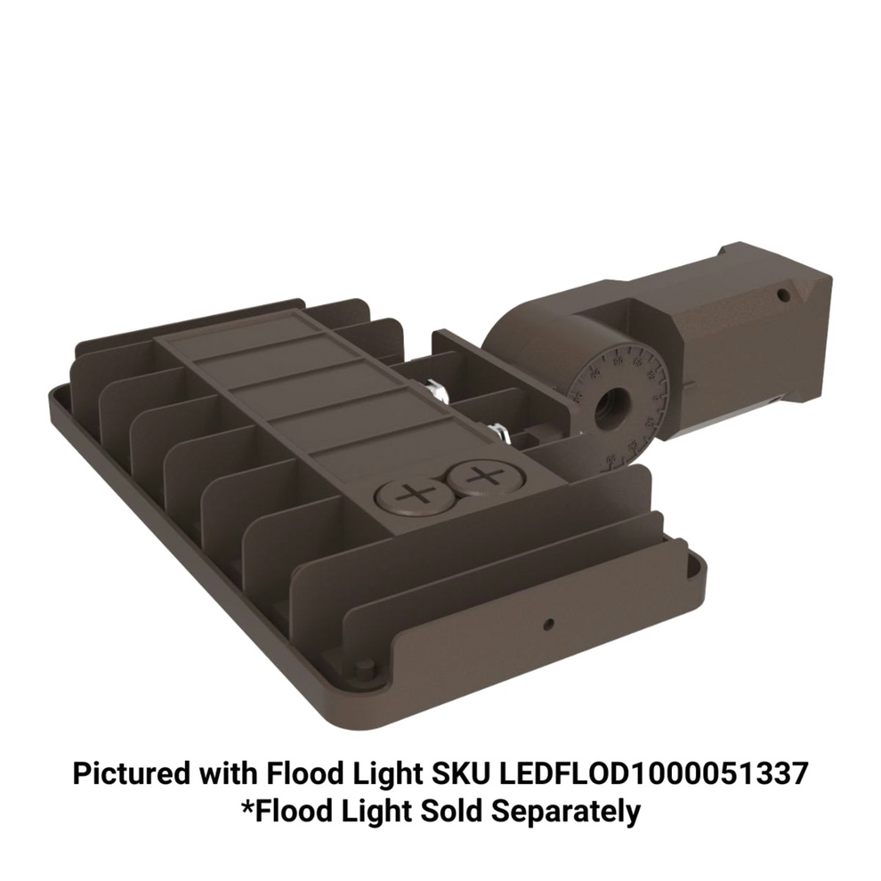 Brown light fixture on a white background with text indicating flood light SKU and availability.