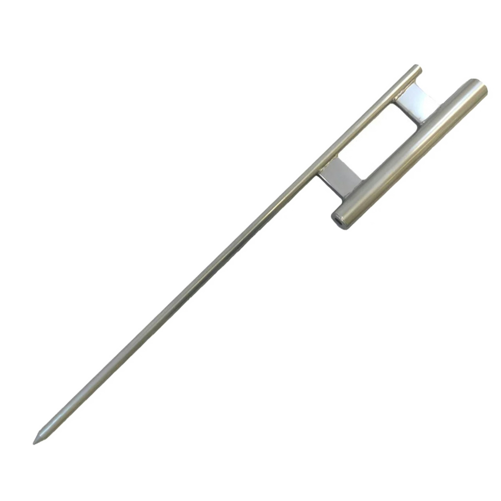 Metallic component of a telescopic flagpole with a pointed tip on a white background