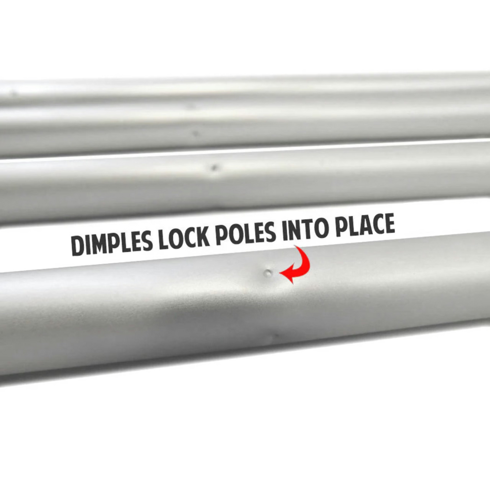 Metal poles with instructions on how to lock them into place on a white background