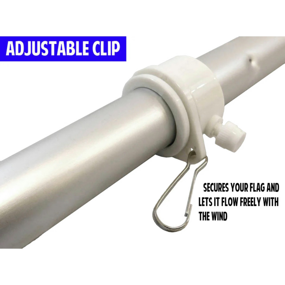 Adjustable clip on a white rod with text describing its function.