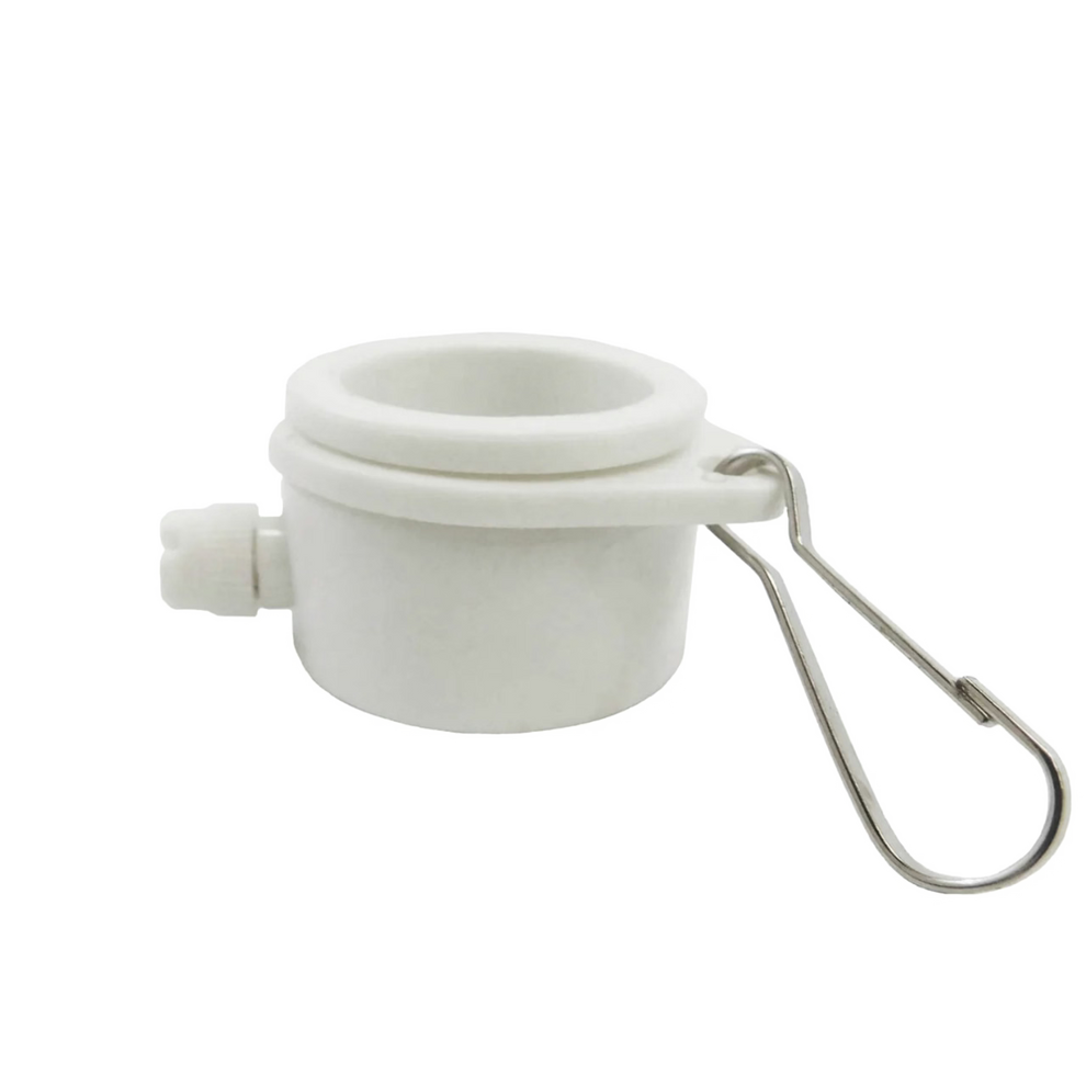 White plastic mounting ring with a metal clip on a white background