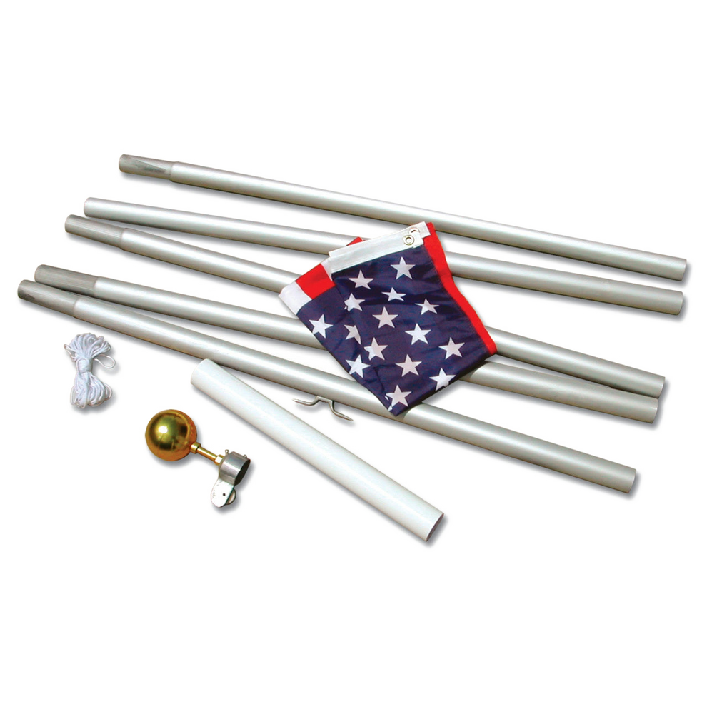 Set of flagpoles with a small American flag on a white background