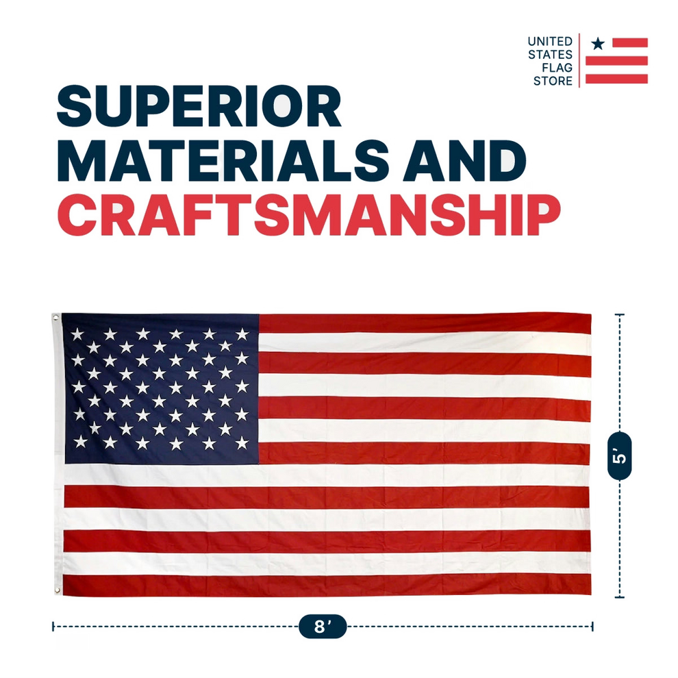 American flag with text 'Superior Materials and Craftsmanship' and 'United States Flag Store' logo.