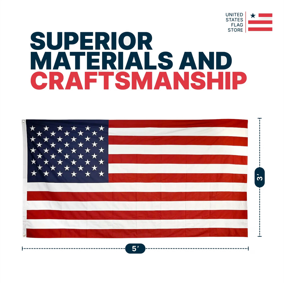 American flag with text 'Superior Materials and Craftsmanship' and dimensions on a white background.