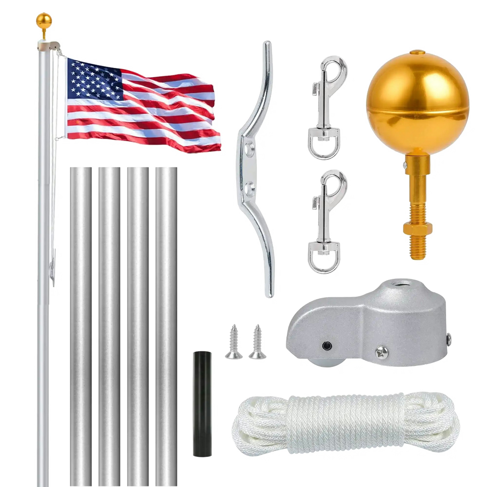 Collection of flagpole accessories including a flag, gold ball, and various metal components on a white background.
