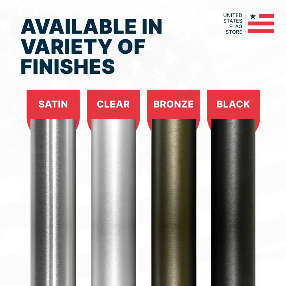 Four metal poles with different finishes labeled Satin, Clear, Bronze, and Black on a gray background with 'United States Flag Store' branding.