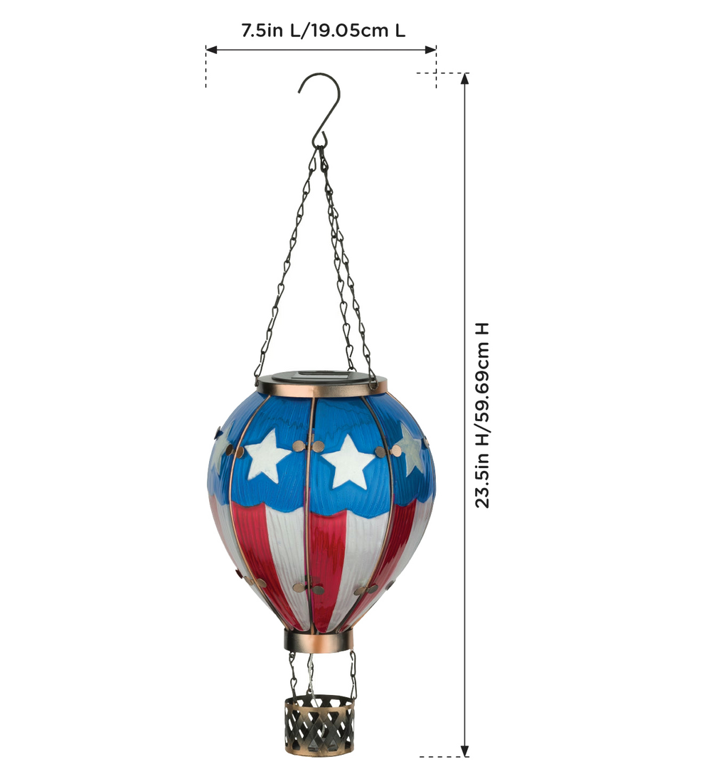 Decorative hot air balloon with American flag design and measurements on a white background