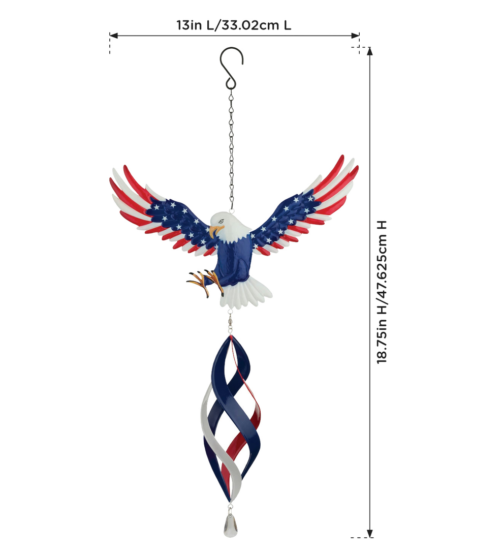Decorative wind chime with eagle design and American flag colors, shown with measurements on a white background.