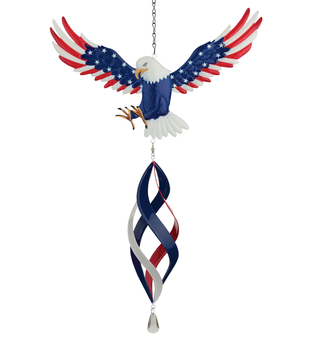 Decorative wind chime shaped like an eagle with American flag colors on a white background