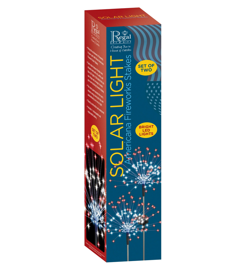 Box of Regal Americana Fireworks Stakes with solar light feature on a white background