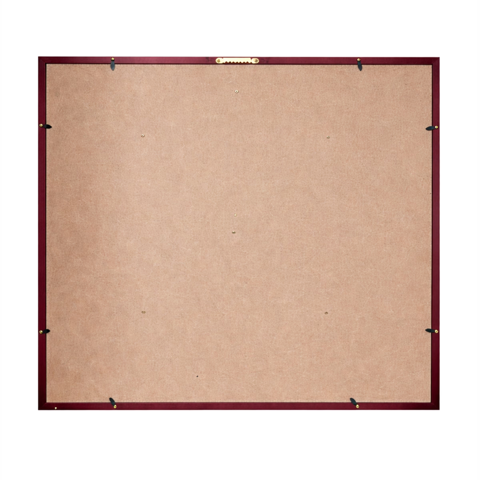 Beige cork bulletin board with a red border on a white background