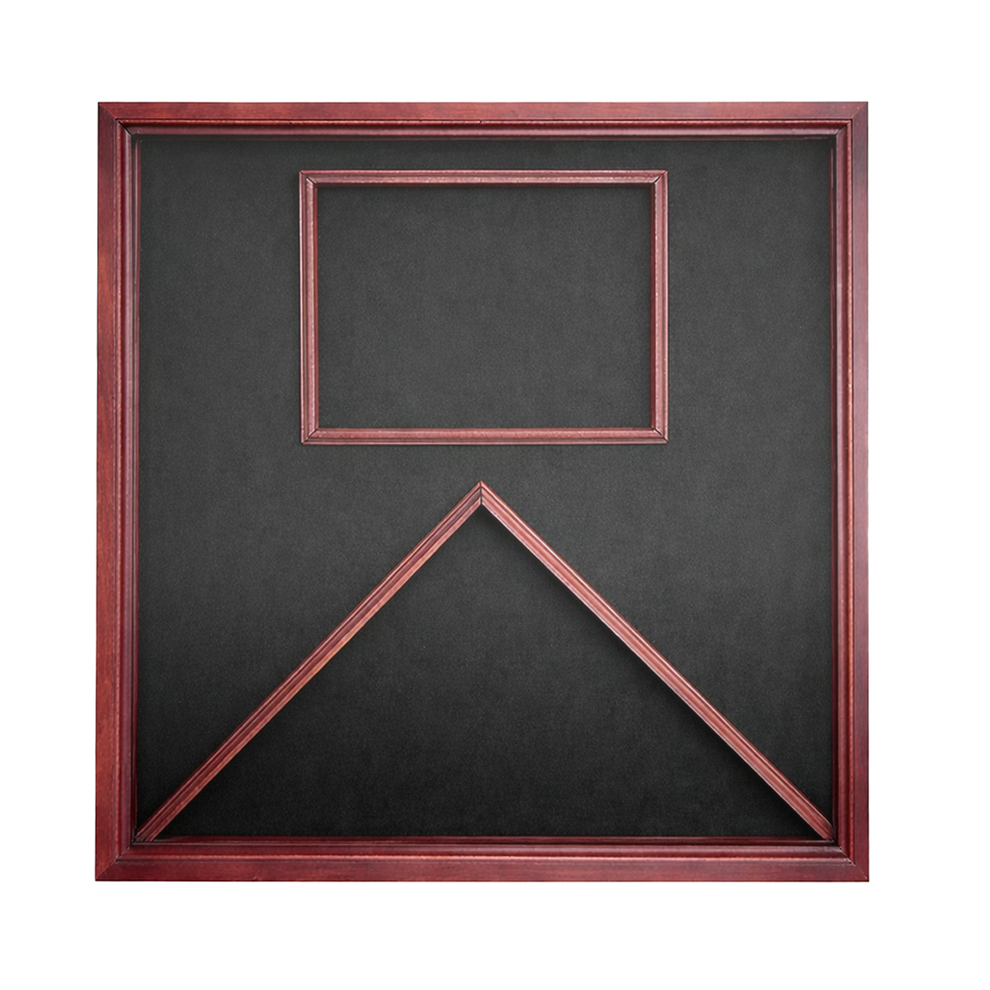 Wood frame display case featuring a black background and two compartments one for holding a document and one for holding a folded American flag.