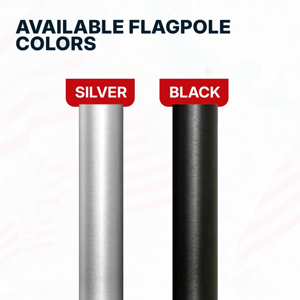 Two flagpoles, one silver and one black, with color options labeled on a light background.