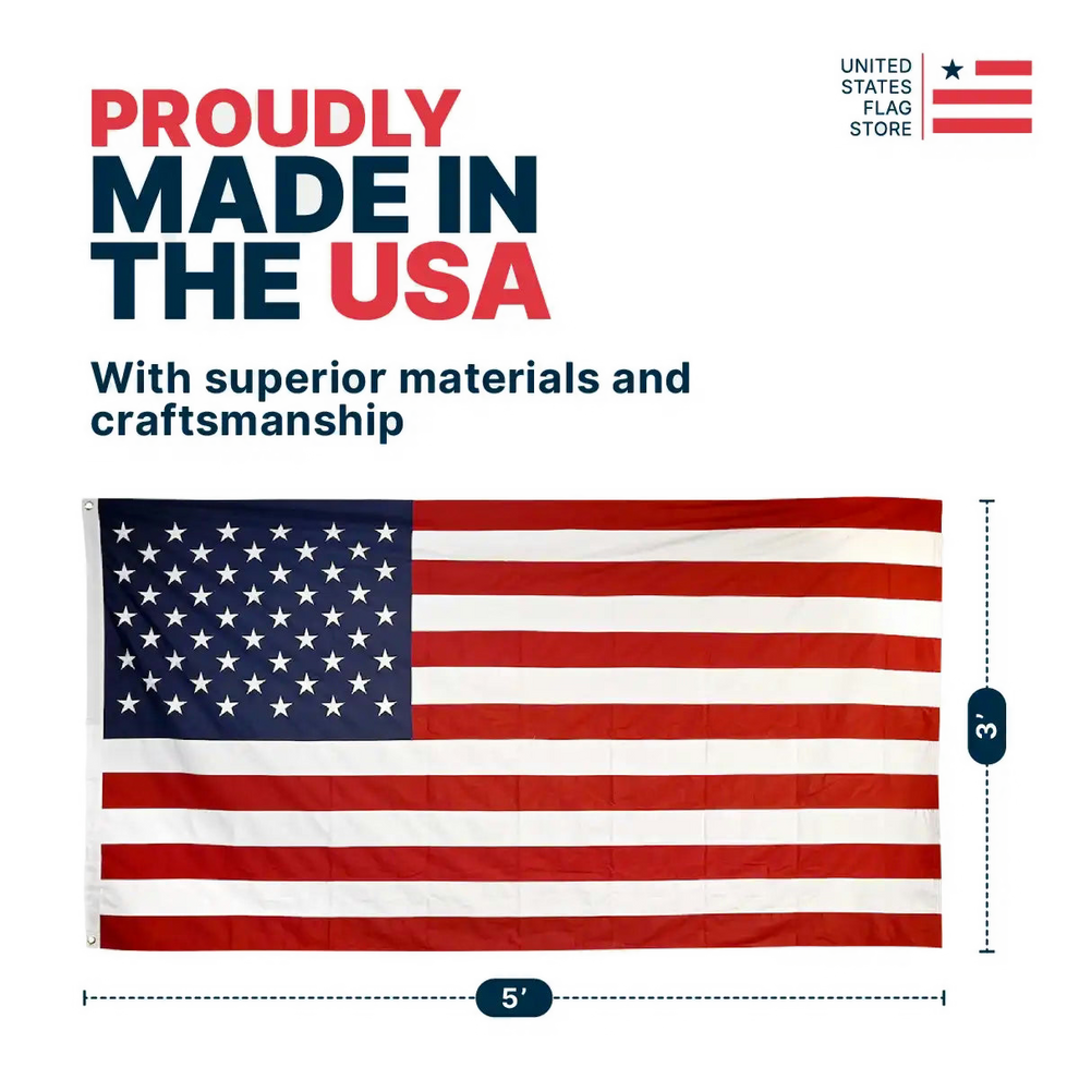 Full 3ft x 5ft American flag dimensions graphic with "Proudly Made in the USA" branding and superior materials text.