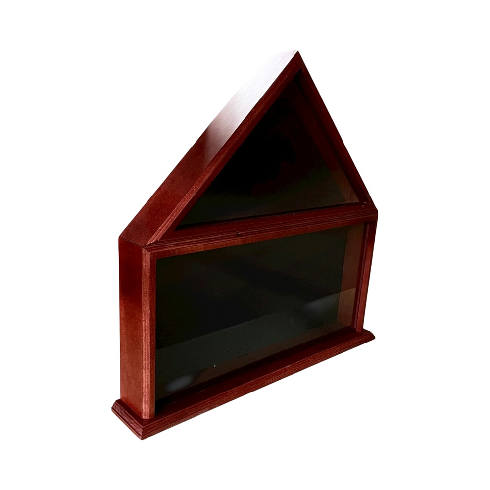 Triangular wooden display case with glass front on a white background
