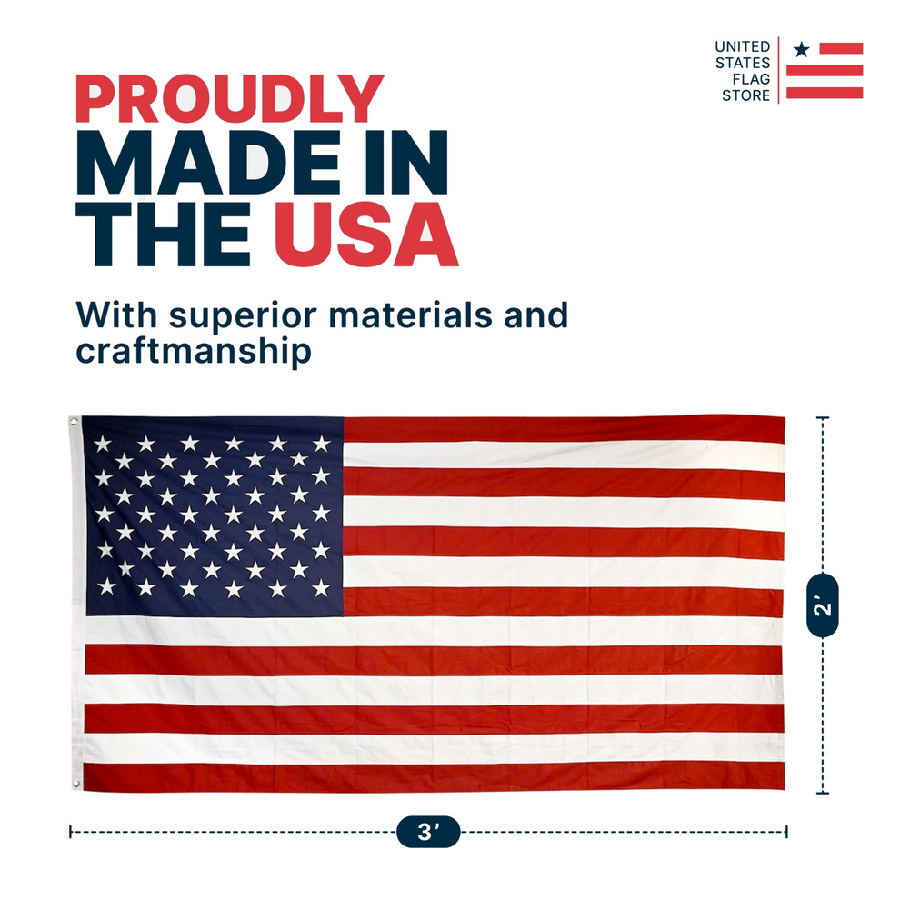 2'x3' American flag with dimensions, labeled "Proudly Made in the USA" with superior materials and craftsmanship.