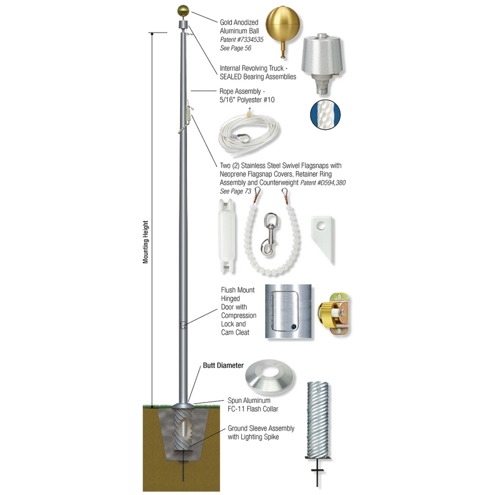 Detailed diagram of a flagpole assembly with labeled parts on a white background