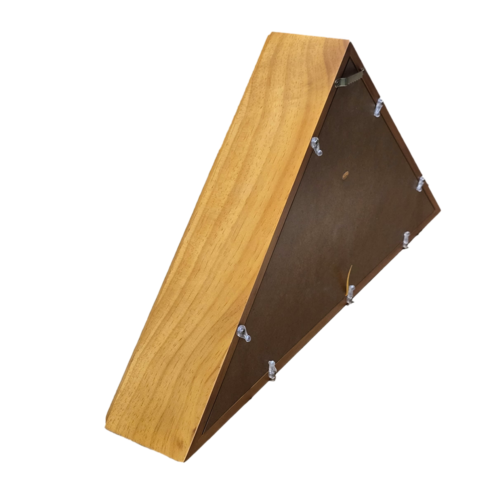 Triangle shaped wood flag display case with metal brackets on a white background