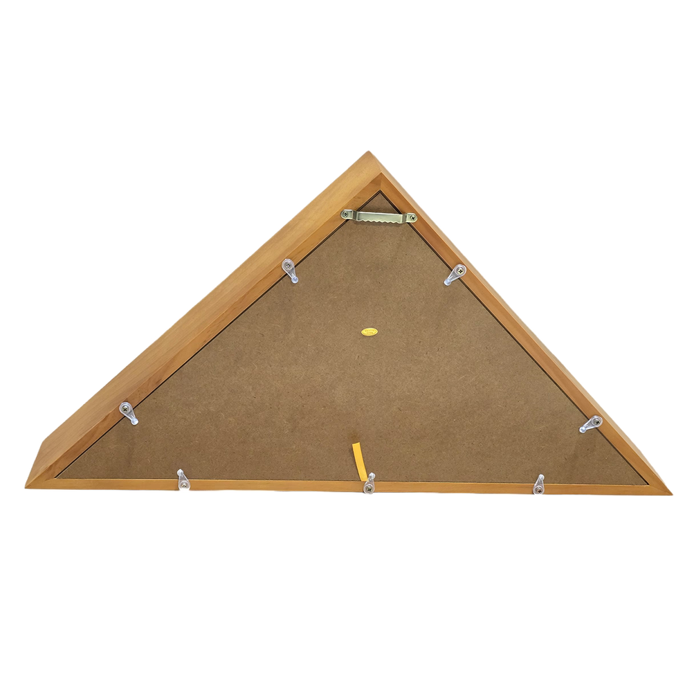 Triangular wooden flag display case with a brown backer on a white background