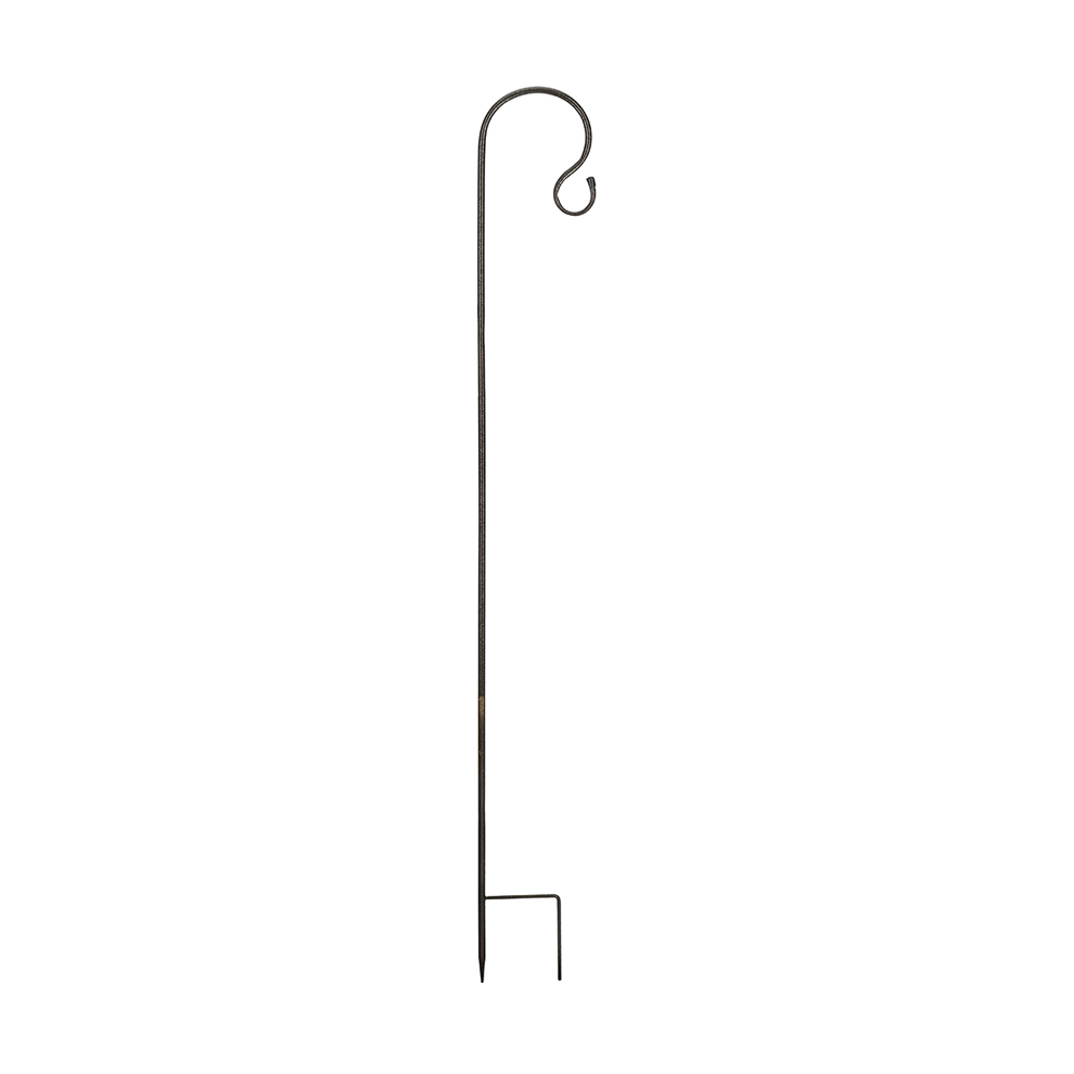 Black metal garden flagpole with decorative hook on a white background