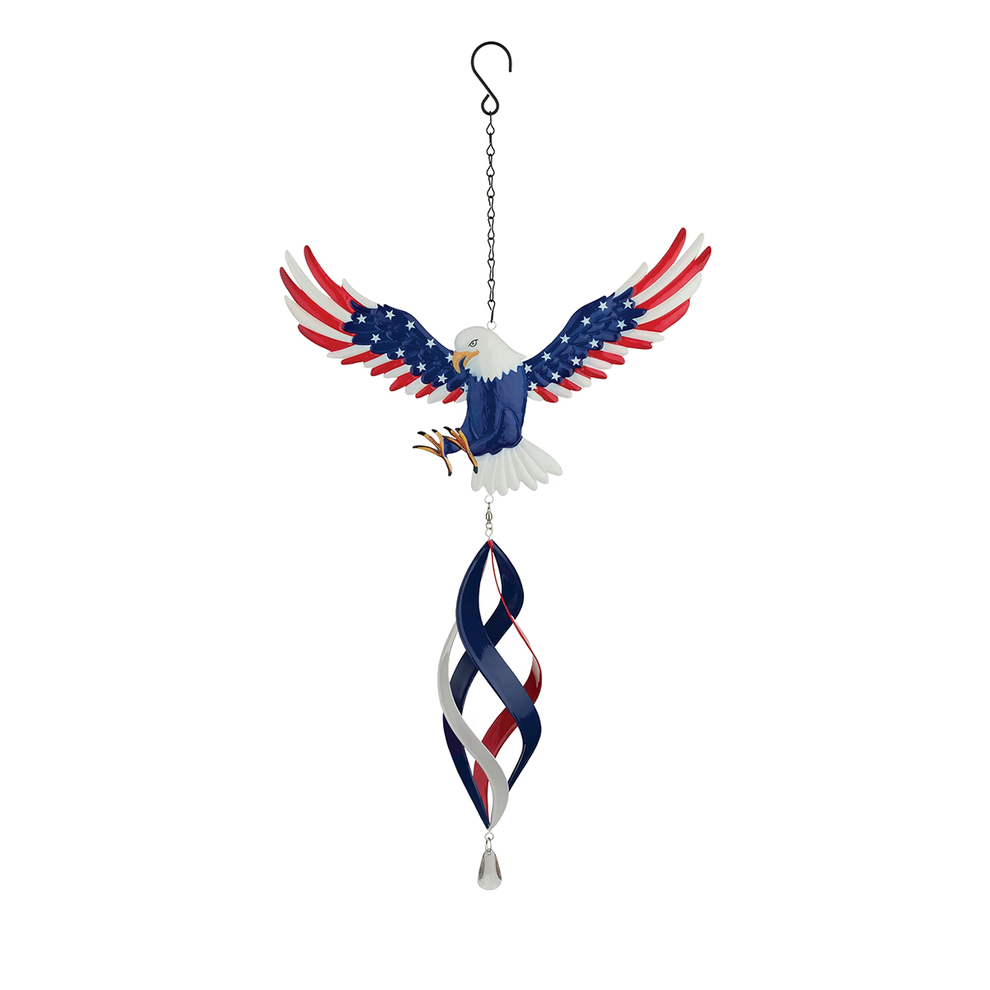 Decorative wind chime shaped like an eagle with American flag colors on a white background